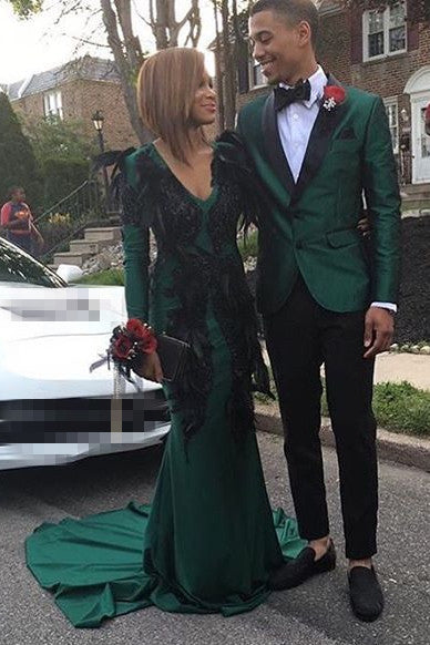 Dark Green Men's Suits for Prom 2 Piece Black Satin Lapel Wedding Tuxedo-Ballbella