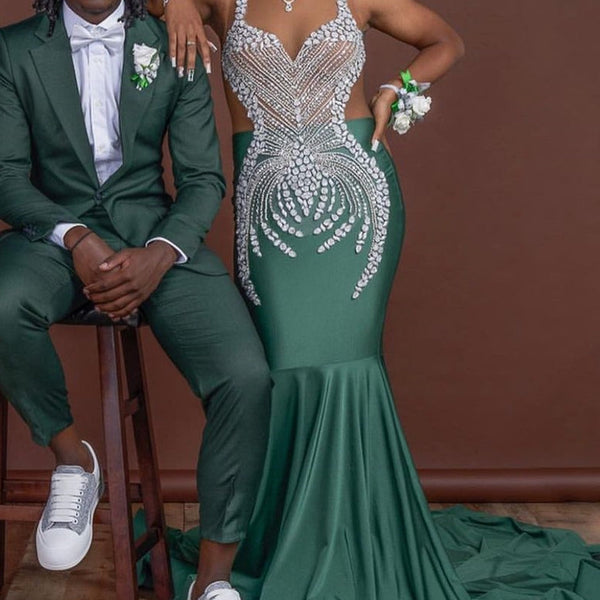 Dark Green Mermaid Floor Length Prom Dresses with Silver Beads