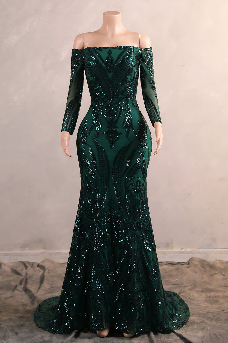 Dark Green Off-the-shoulder Long sleeves Sequin Mermaid Prom Dresses Dark Green Off-the-shoulder Long sleeves Sequin Mermaid Prom Dresses