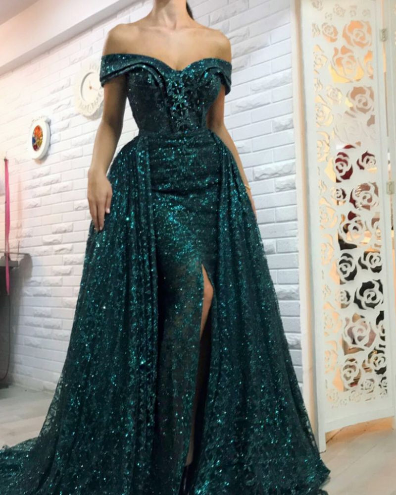 Wanna Prom Dresses, Evening Dresses in Column style,  and delicate Sequined work? Ballbella has all covered on this elegant Dark Green Off-the-Shoulder Sparkle Long Evening Dresses Sheath Chic High Split Overskirt Prom Dresses yet cheap price.