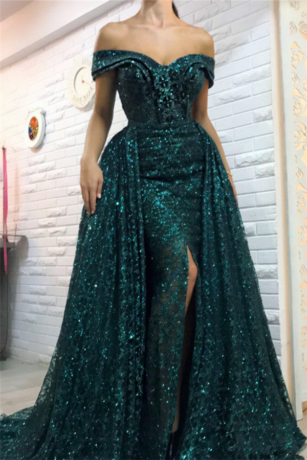 Dark Green Off-the-Shoulder Sparkle Long Evening Dresses Sheath Chic High Split Overskirt Prom Dresses-Ballbella