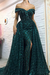 Wanna Prom Dresses, Evening Dresses in Column style,  and delicate Sequined work? Ballbella has all covered on this elegant Dark Green Off-the-Shoulder Sparkle Long Evening Dresses Sheath Chic High Split Overskirt Prom Dresses yet cheap price.