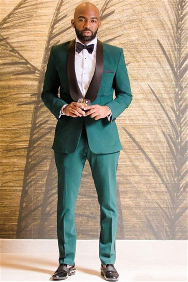 Dark Green One Button Black Shawl Lapel Wedding Groom Suits Online