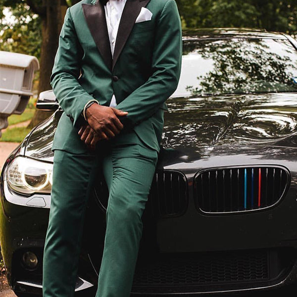 Dark Green One-Button Prom Suit with Black Peaked Lapel