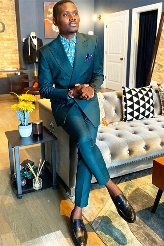 Dark Green Peaked Lapel Double Breasted Men's Suits-Ballbella