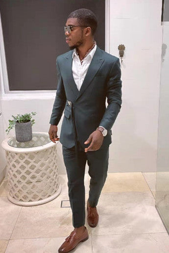 Dark Green Peaked Lapel Prom Men Suits with Adjustable Buckle-Ballbella