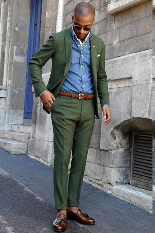 Dark Green Peaked Lapel Slim Fit Bespoke Men Suits-Ballbella