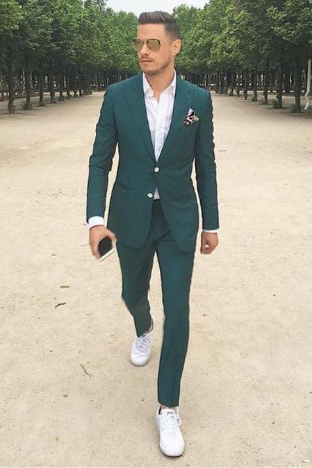 Dark Green Peaked Lapel Slim Fit Men Suit for Prom-Ballbella
