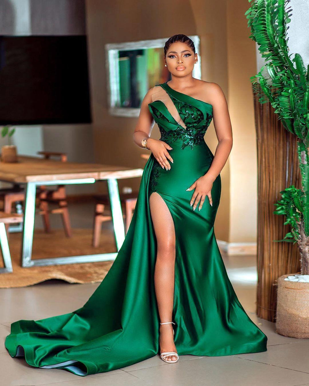 Dark green Plunging V neck One shoulder High split Mermaid Prom Dress Dark green Plunging V neck One shoulder High split Mermaid Prom Dress