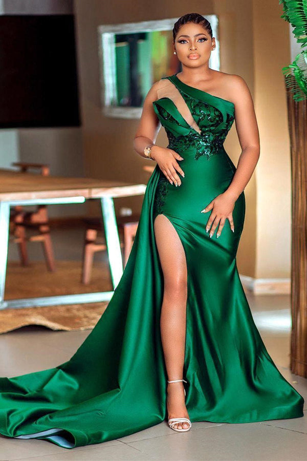 Dark green Plunging V neck One shoulder High split Mermaid Prom Dress-Ballbella