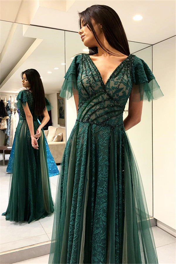 Wanna Prom Dresses, Evening Dresses in A-line style,  and delicate Lace work? Ballbella has all covered on this elegant Dark Green Princess Short Sleeves Long Prom Dresses V-Neck Lace Evening Dresses with Soft Pleats yet cheap price.