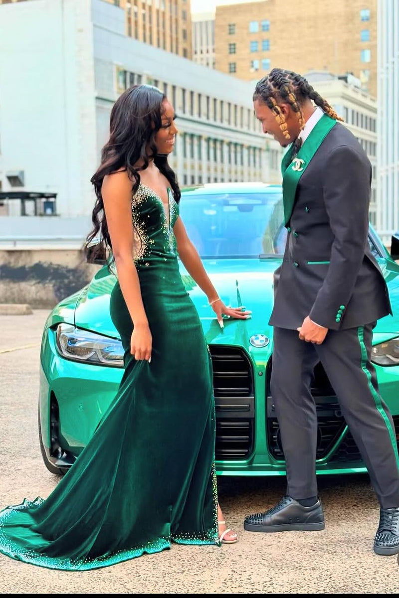 Dark Green Silver Beaded Velvet High Split Mermaid Prom Dresses