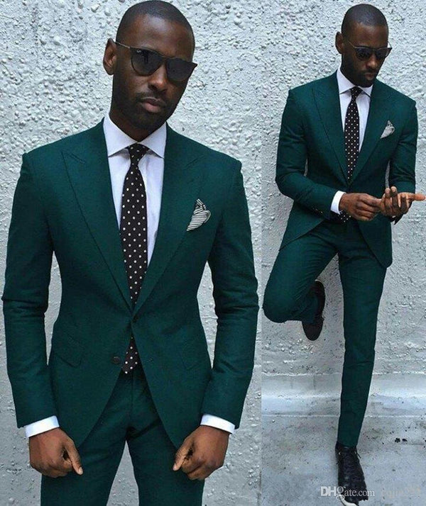 Dark Green Slim Fit Formal Mens Business Suit Classy Peaked Laple Prom Suits-Ballbella