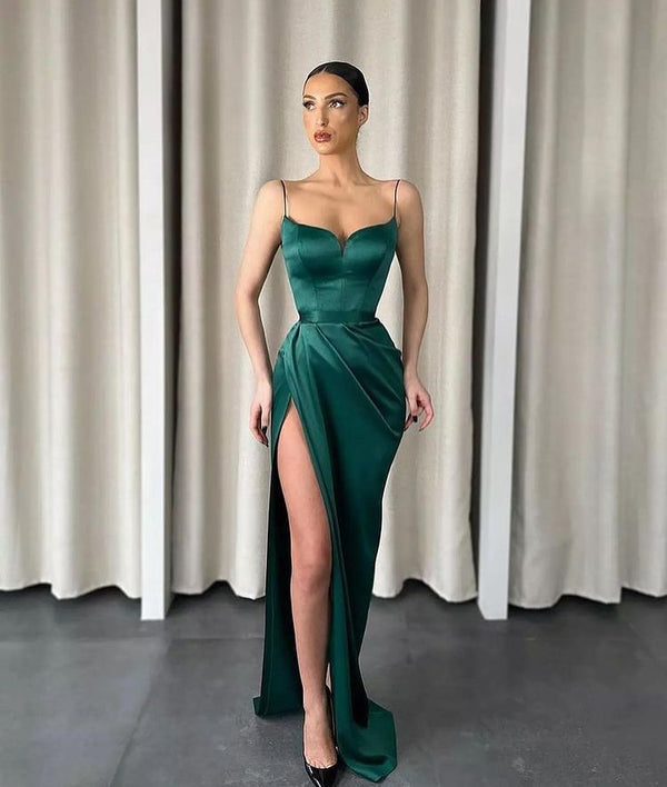 Dark Green Spaghetti-Straps Mermaid Prom Dress Long With Slit-Ballbella