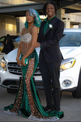 Dark Green Sweetheart Silver Beaded See through Hot Prom Dresses-Ballbella