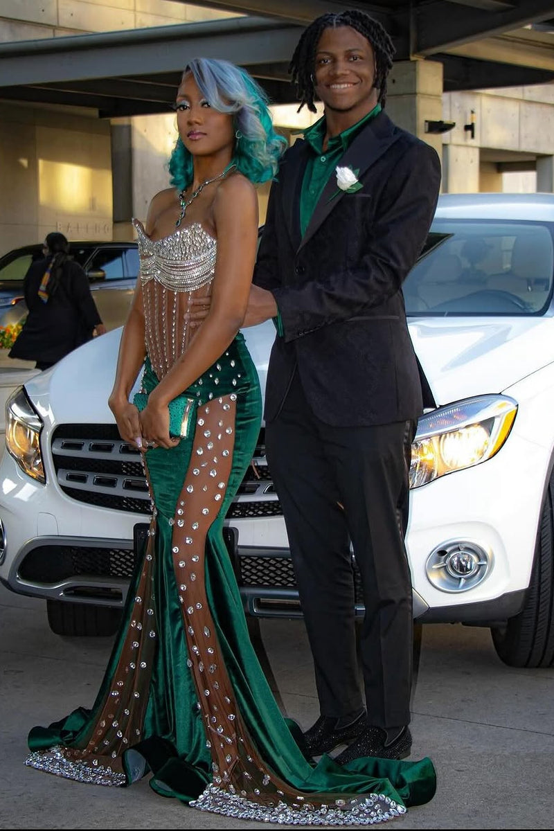 Dark Green Sweetheart Silver Beaded See through Hot Prom Dresses-Ballbella