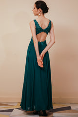 Dark Green V-neck Open-back Sleeveless Lace Evening Dress-Ballbella