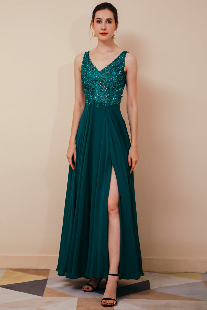 Dark Green V-neck Open-back Sleeveless Lace Evening Dress-Ballbella