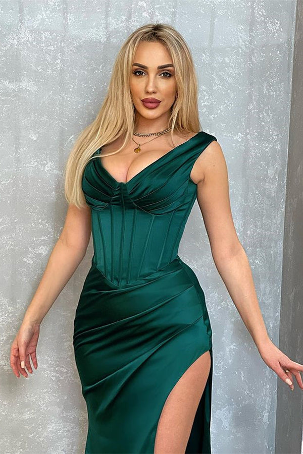Dark Green V-Neck Sleeveless Evening Dress Mermaid Long With Slit-Ballbella