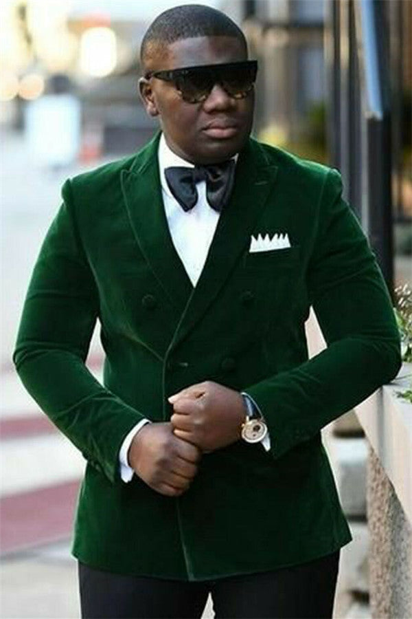 Dark Green Velvet Men's Suit Double Breasted Peaked Lapel Prom Outfits for Men-Ballbella