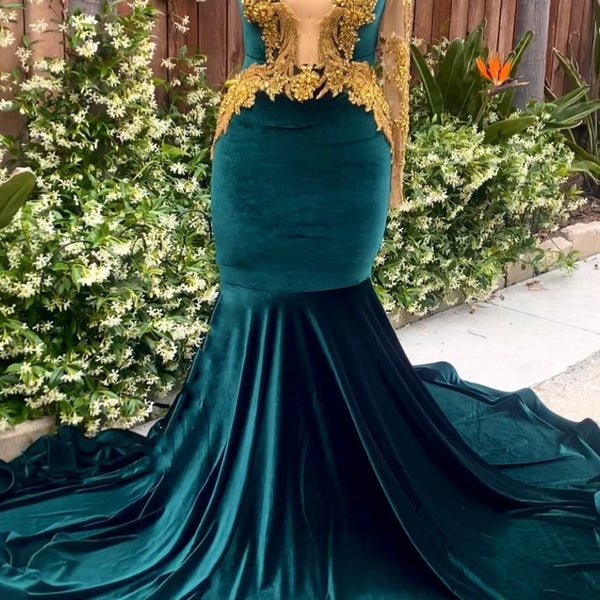 Dark Green Velvet One shoulder Mermaid Prom Dresses with Gold