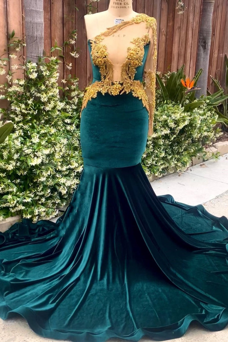 Dark Green Velvet One shoulder Mermaid Prom Dresses with Gold