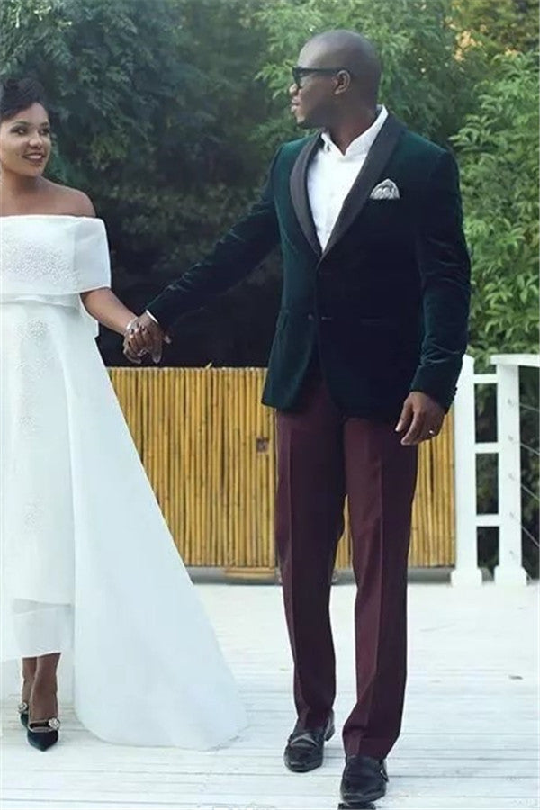 Dark Green Velvet Shawl Lapel Wedding Suits for Men-Ballbella