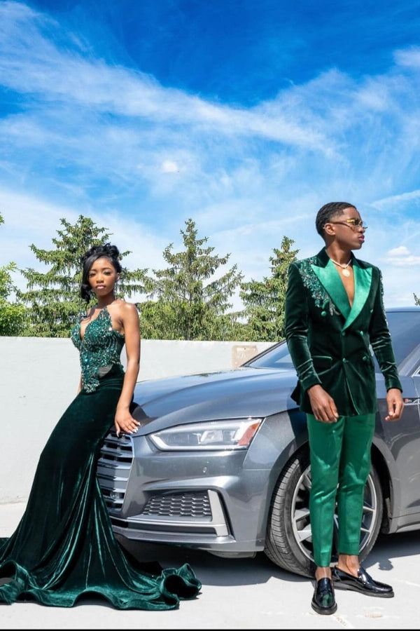 Dark Green Velvet Sweetheart Crystal Mermaid Prom Dresses-Ballbella