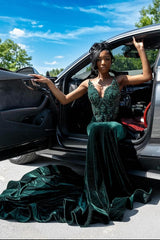 Dark Green Velvet Sweetheart Crystal Mermaid Prom Dresses-Ballbella