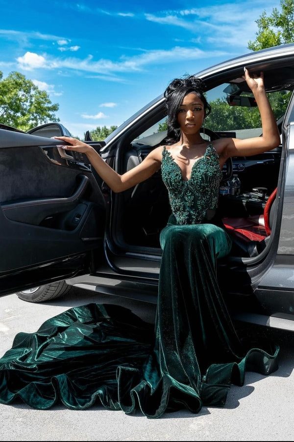 Dark Green Velvet Sweetheart Crystal Mermaid Prom Dresses-Ballbella