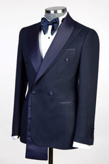 Dark Navy Double-Breasted Formal Suit with Satin Lapel-Ballbella