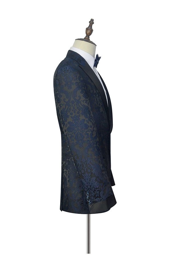 Dark Navy Jacquard Marriage Suits Black Silk Peak Lapel Mens Suits for Weddings-Ballbella