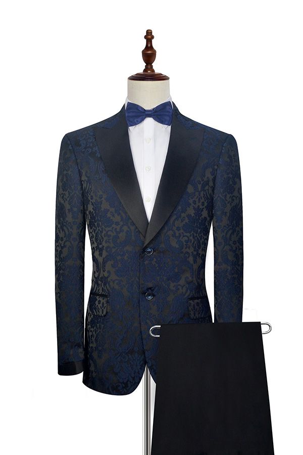 Dark Navy Jacquard Marriage Suits Black Silk Peak Lapel Mens Suits for Weddings-Ballbella