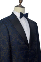 Dark Navy Jacquard Prom Suits Black Silk Peak Lapel Mens Suits for Weddings-Ballbella