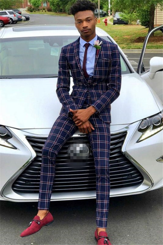 Dark Navy Men's Business Suits Bespoke Plaid Prom Suits for Men-Ballbella