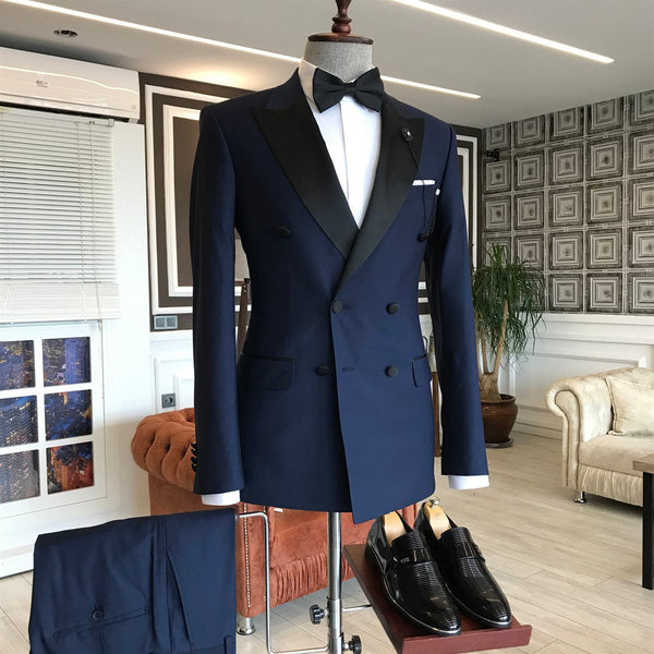 Dark Navy Peaked Lapel Double Breasted Slim Fit Men Suits-Ballbella