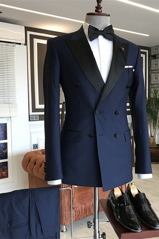 Dark Navy Peaked Lapel Double Breasted Slim Fit Men Suits-Ballbella