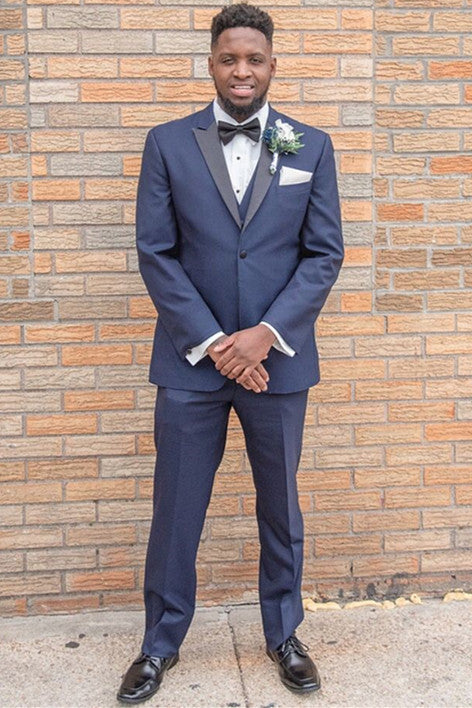 Dark Navy Peaked Lapel Three Pieces Wedding Men Suits-Ballbella