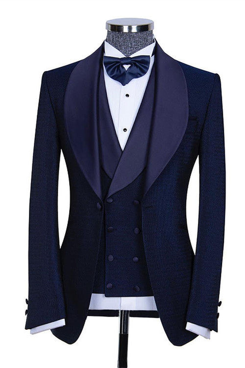 Dark Navy Shawl Lapel Three Pieces Slim Fit Wedding Suits for Men-Ballbella