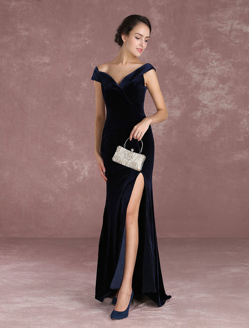 Dark Navy Slit Party Dress With Train Inspired By Taraji P. Henson-Ballbella