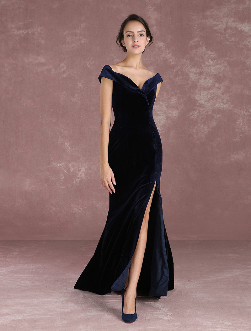 Dark Navy Slit Party Dress With Train Inspired By Taraji P. Henson-Ballbella
