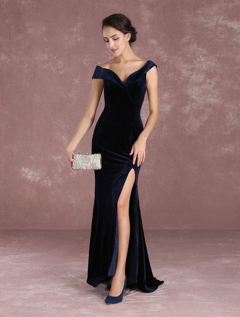 Dark Navy Slit Party Dress With Train Inspired By Taraji P. Henson-Ballbella