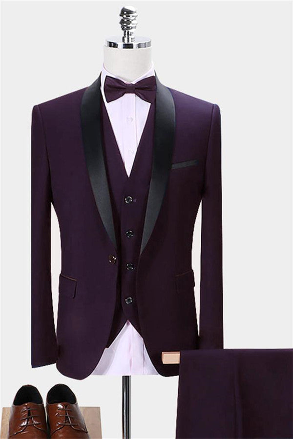 Ballbella made this Dark Purple Business Tuxedos, Made-to-measure Slim Fit Men Dress Marriage Suits Three-pieces with rush order service. Discover the design of this Regency Solid Shawl Lapel Single Breasted mens suits cheap for prom, wedding or formal business occasion.