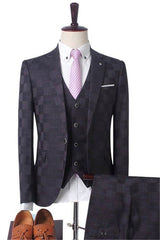 Dark Red Plaid Men's Business Suitss Men's Prom Suits with 3 Pieces-Ballbella