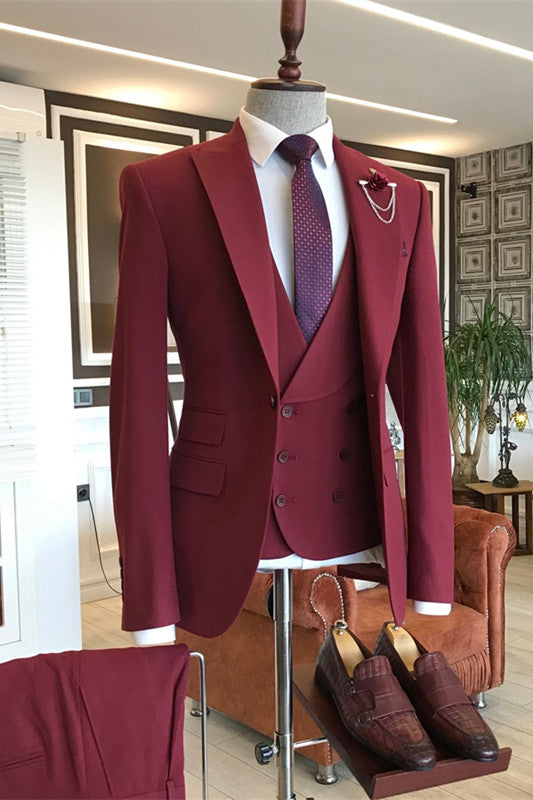 Dark Red Three Pieces Peaked Lapel Men Suits-Ballbella