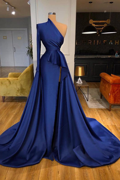 Dark Royal Blue One shoulder Ruffles Side-cut Overskirt Prom Dress –  Ballbella