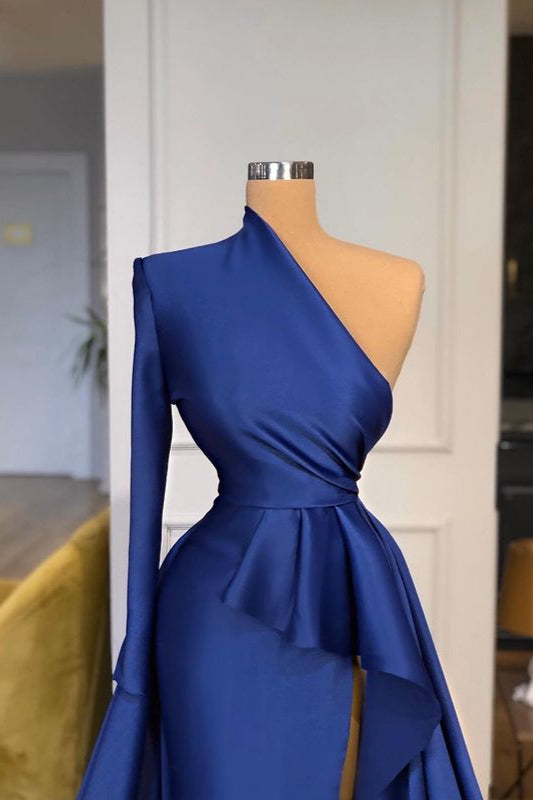 Dark Royal Blue One shoulder Ruffles Side-cut Overskirt Prom Dress ...