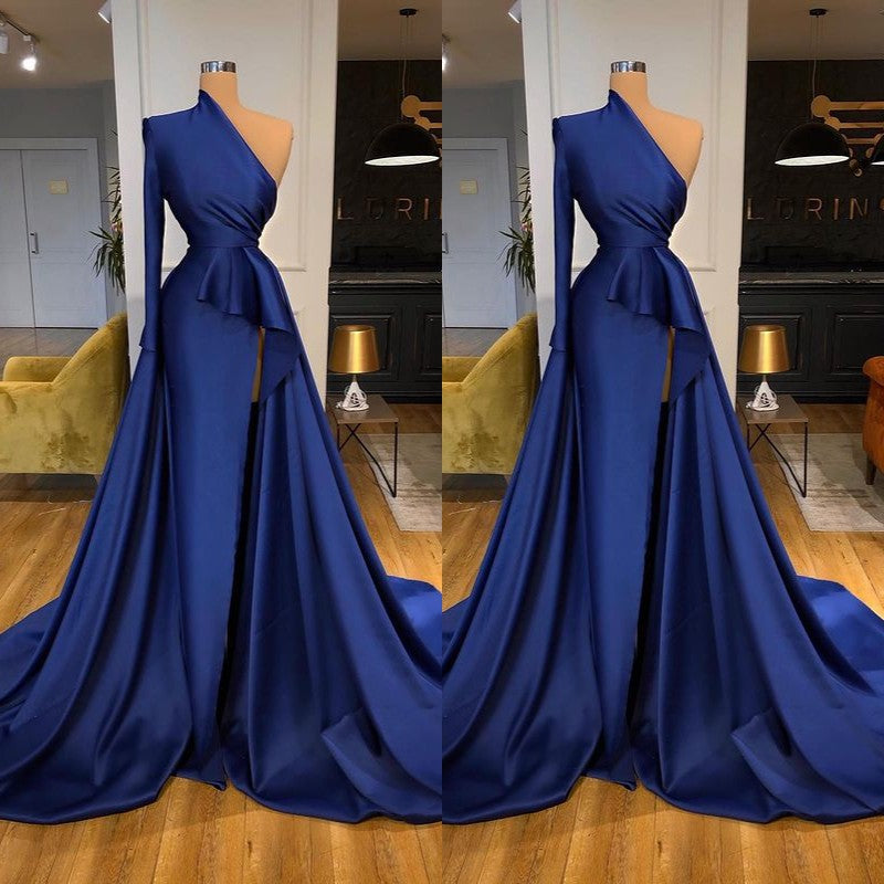 Dark Royal Blue One shoulder Ruffles Side-cut Overskirt Prom Dress-Ballbella