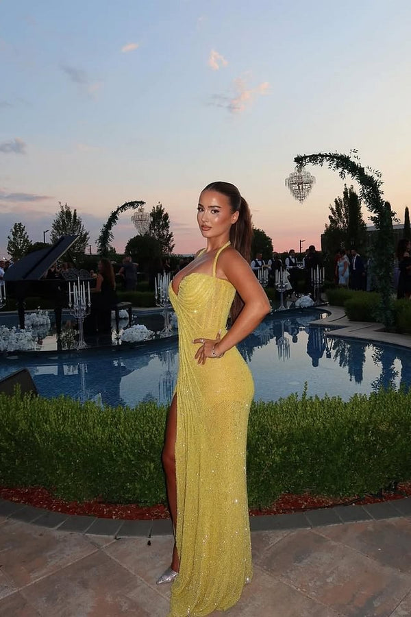 Dazzling Asphodel Yellow Sweetheart Halter Prom Dresses Sequins Sleeveless With Side Slit