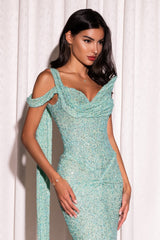 Dazzling Asymmetrical One Shoulder Mermaid Prom Dresses Sleeveless Sequins With Ribbon Pleats-Ballbella